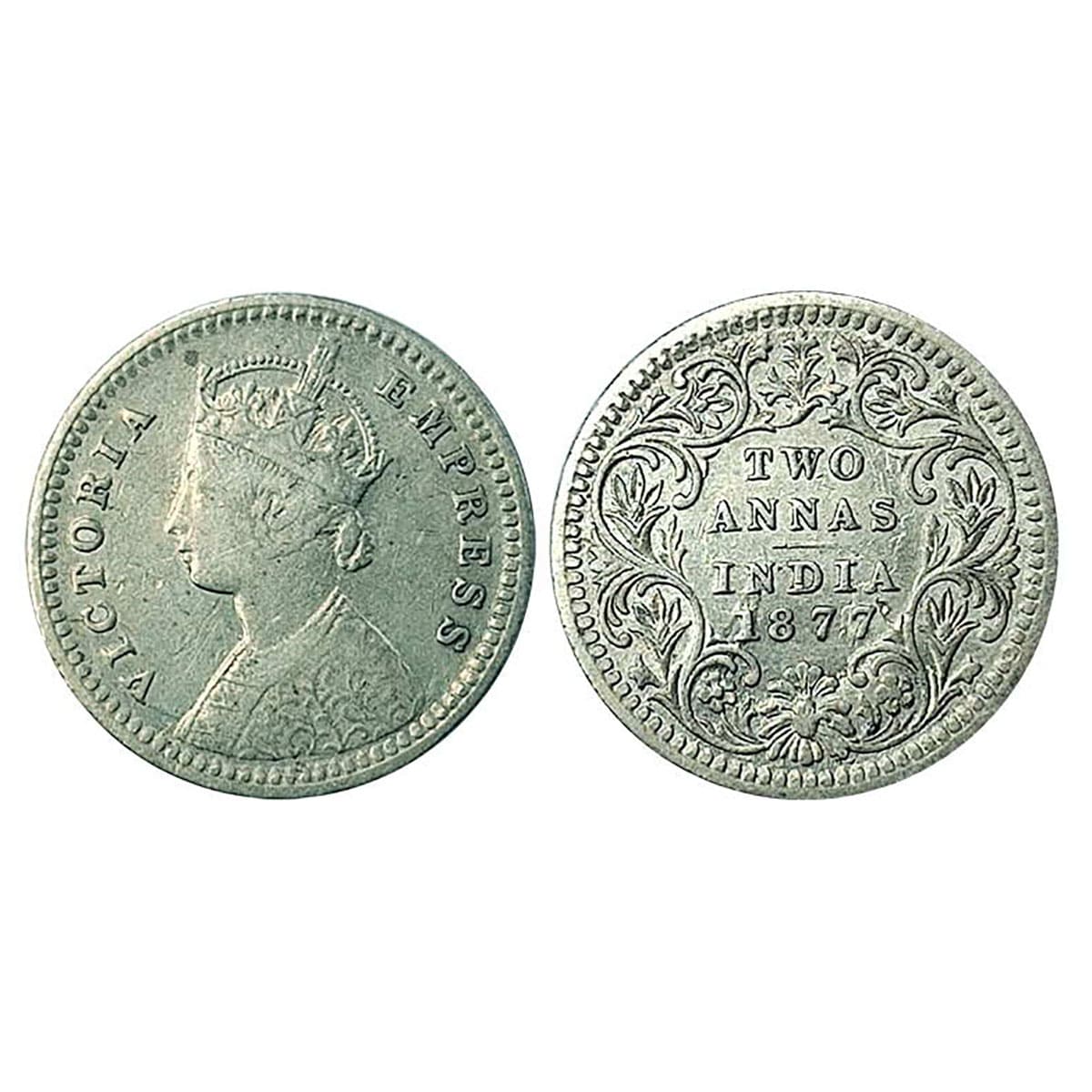 Victoria Empress, Silver, 2 Annas Mule, 1877, Top Dot type. Very Fine, Rare. ...