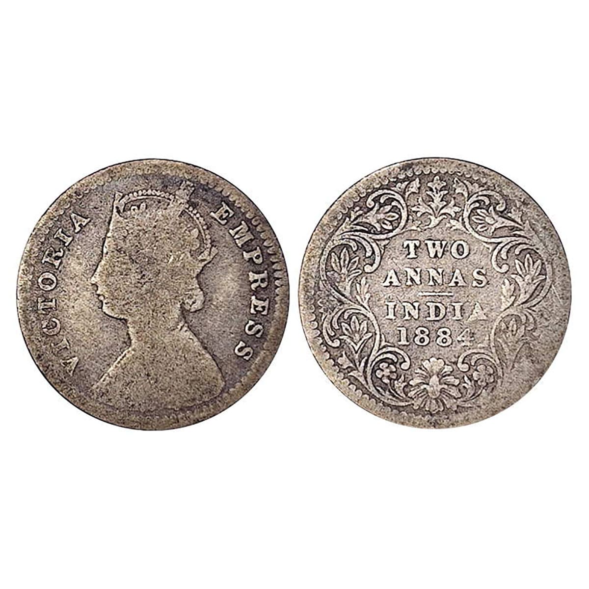 Victoria Empress, Silver, 2 Annas, 1884, C incused, Calcutta mint, probably B-III. Very Fi