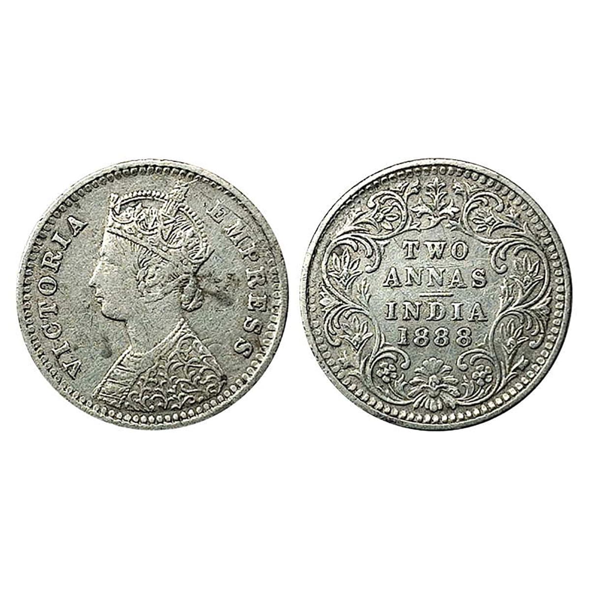 Victoria Empress, Silver, 2 Annas, 1888, B incused, Bombay mint. Very Fine, Scarce. ...