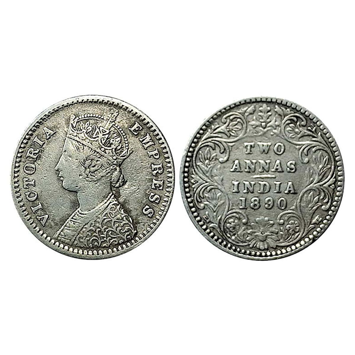 Victoria Empress, Silver, 2 Annas, 1890, B raised, Bombay mint. Very Fine, Rare. ...
