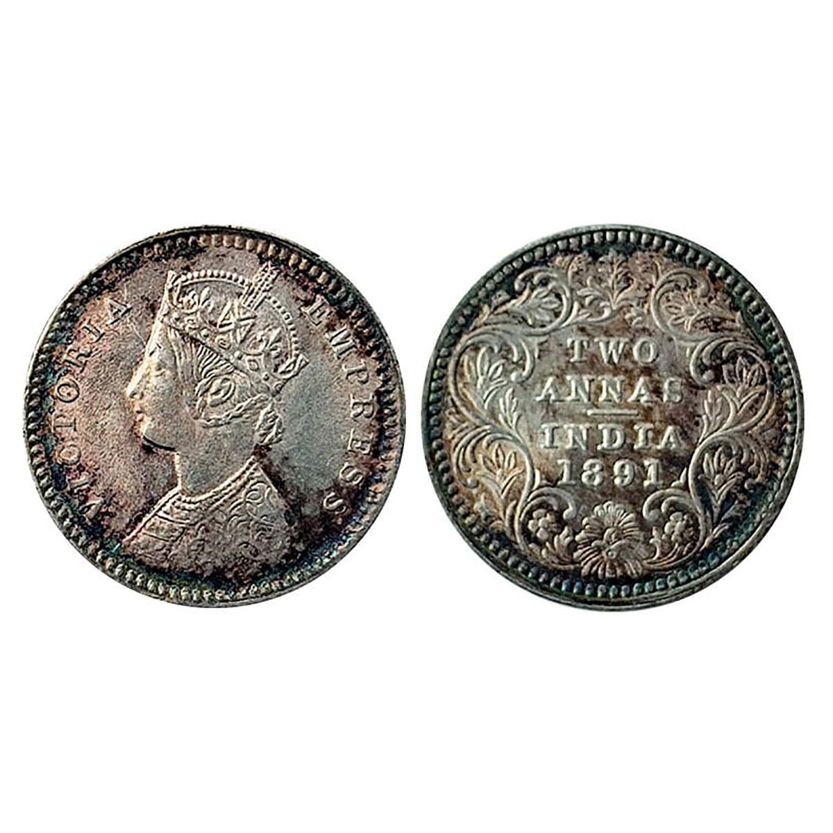 Victoria Empress, Silver, 2 Annas, 1891, Calcutta mint. Very Fine, Rare. ...