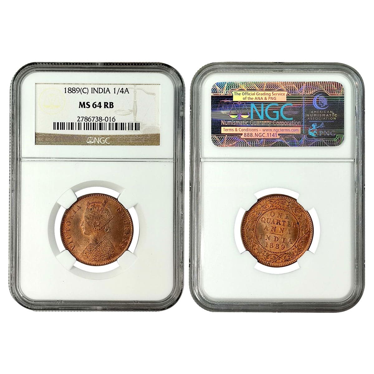 Victoria Empress, Copper, ¼ Anna, 1889, Calcutta Mint. Graded as MS 64 RB by NGC, Rare. ..