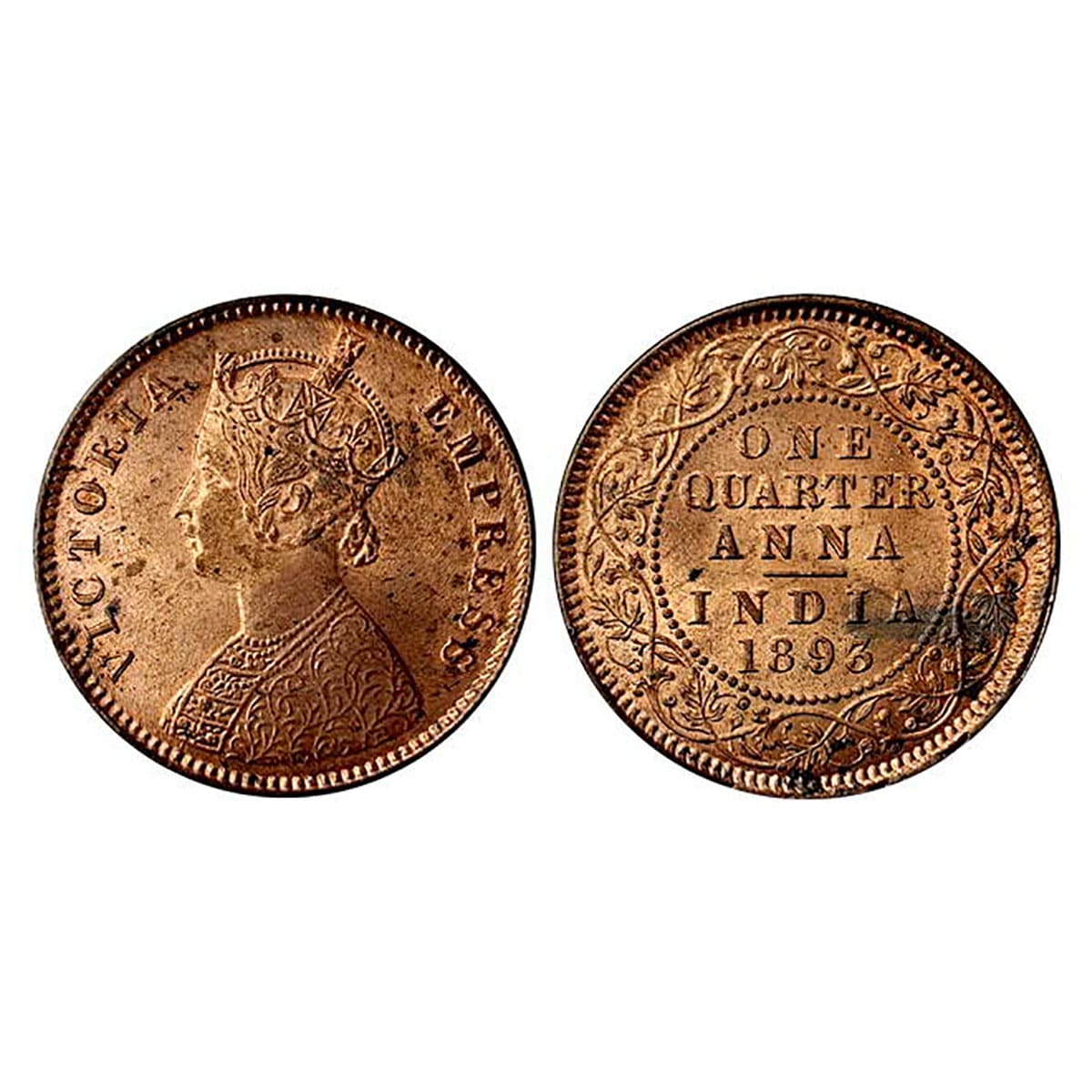 Victoria Empress, Copper, ¼ Anna, 1893. UNC+, Scarce. ...