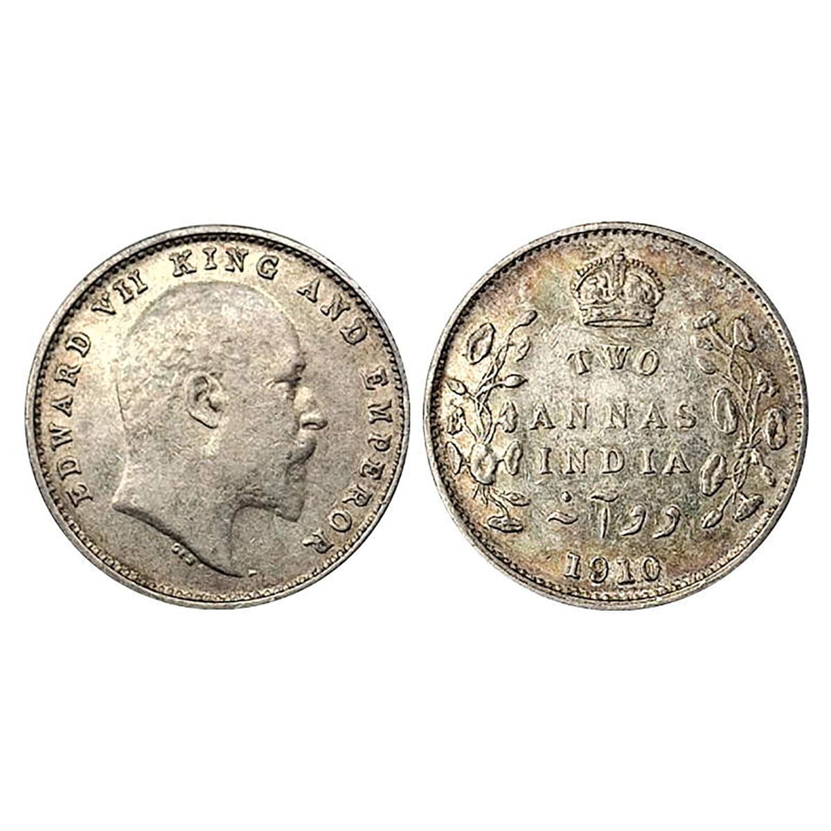 Edward VII, 2 Annas, Silver, 1910, Bombay Mint. Extremely Fine+...