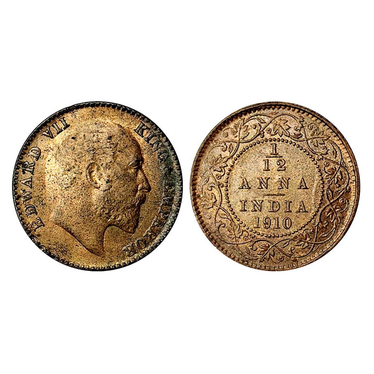 Edward VII, 1/12 Anna, Copper, 1910, No Mint Mark, Calcutta mint. BUNC....