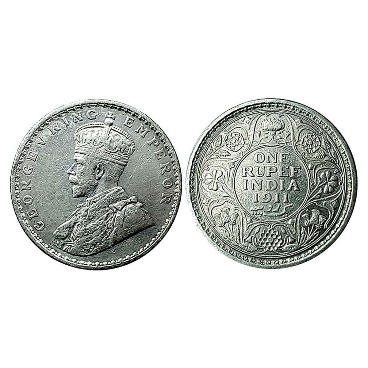 George V, Pig Rupee, Silver, 1911, No Mint Mark, Calcutta Mint. About Extremely Fine, Scar