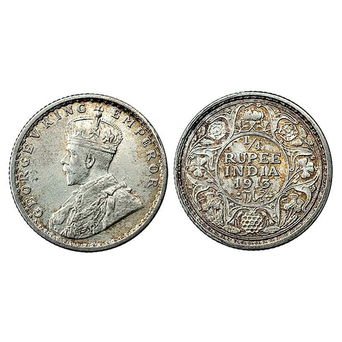 George V, ¼ Rupee, Silver, 1913, No Mint Mark, Calcutta Mint. About UNC. ...