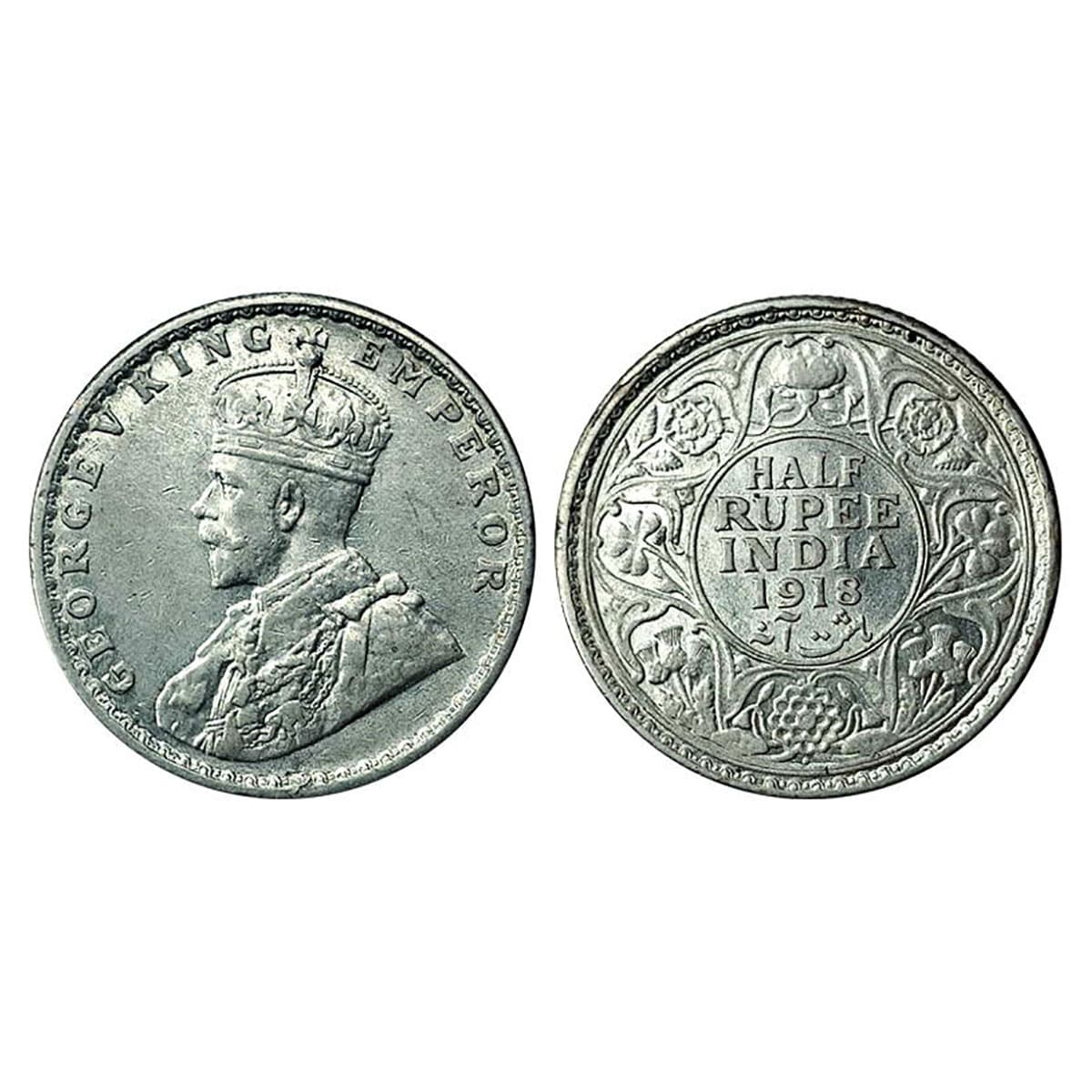 George V, ½ Rupee, Silver, 1918, Dot Mint Mark, Bombay Mint. About UNC+, Scarce. ...