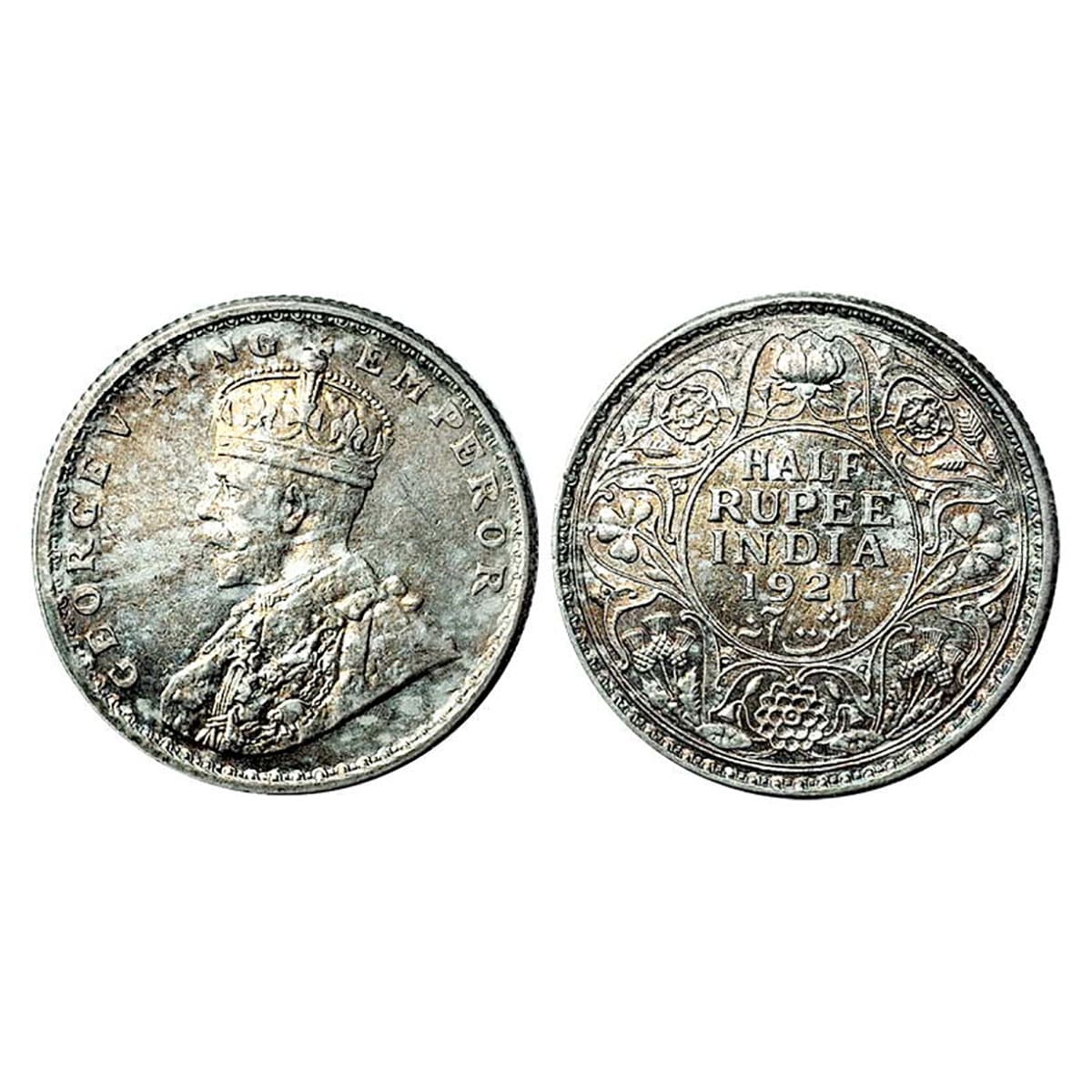 George V, ½ Rupee, Silver, 1921, No Mint Mark, Calcutta Mint. UNC with toning, Rare in thi
