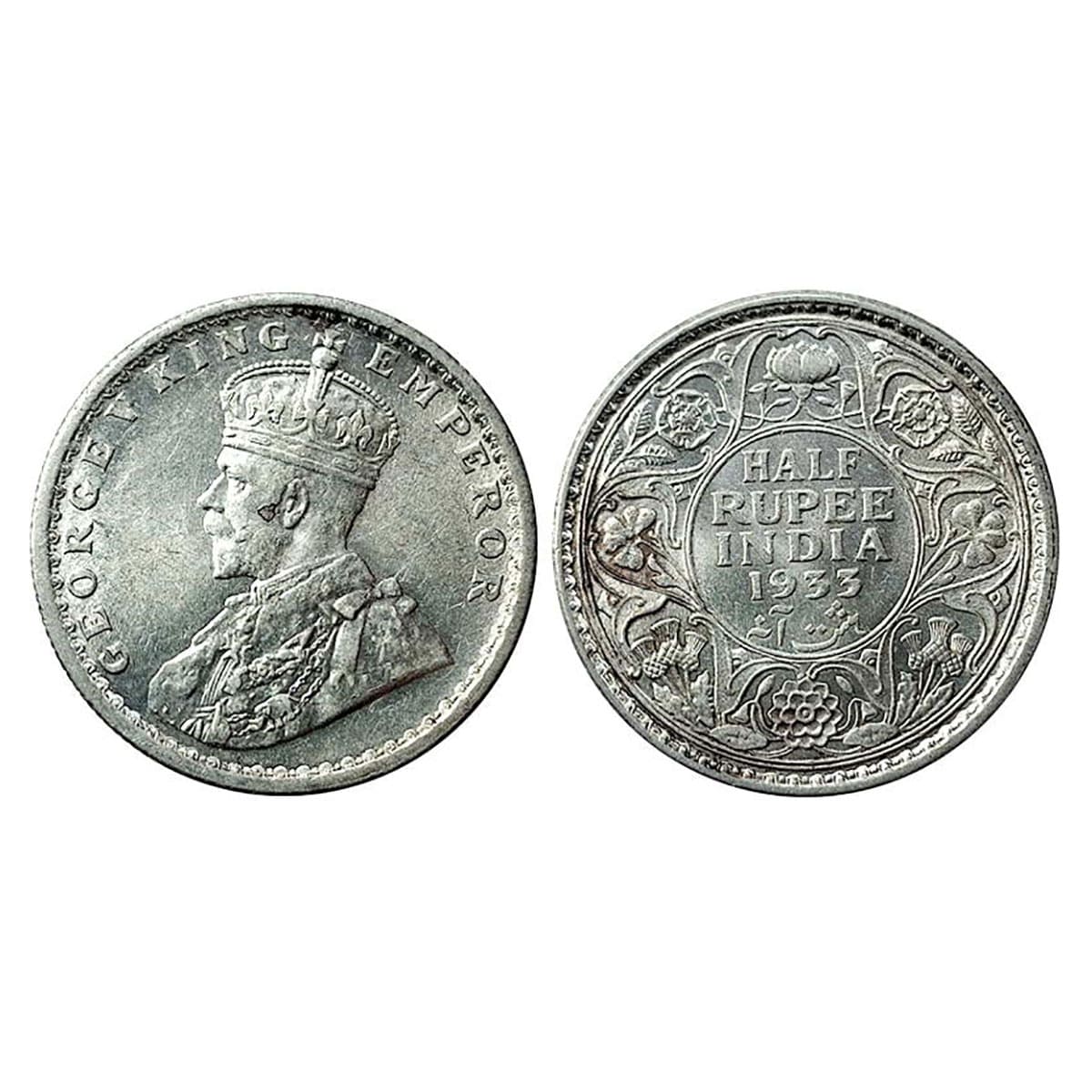 George V, ½ Rupee, Silver, 1933, No Mint Mark, Calcutta Mint. About UNC....