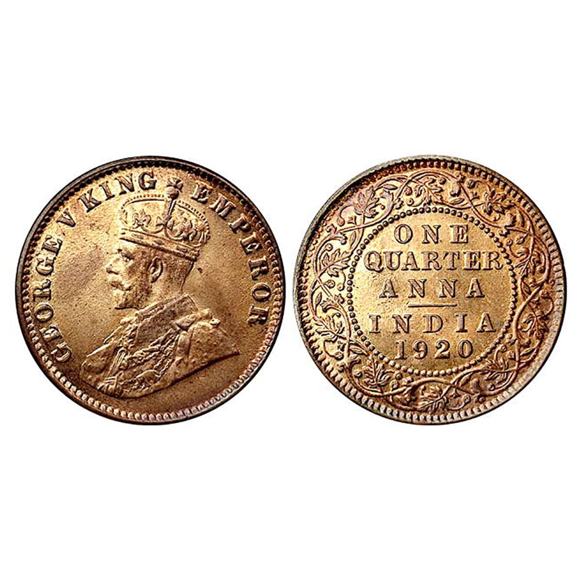George V, ¼ Anna, Copper, 1920, No Mint Mark, Calcutta mint. BUNC....