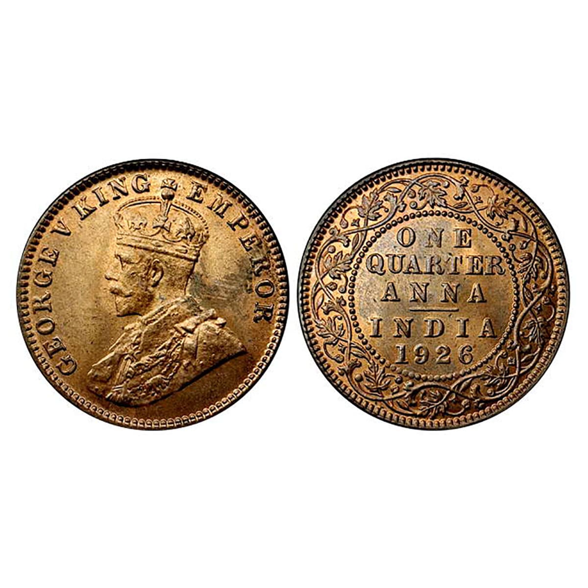 George V, ¼ Anna, Copper, 1926, No Mint Mark, Calcutta mint. BUNC....