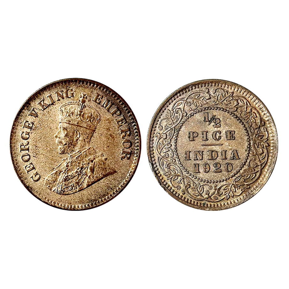 George V, ½ Pice, Copper, 1920, No Mint Mark, Calcutta mint. About UNC....