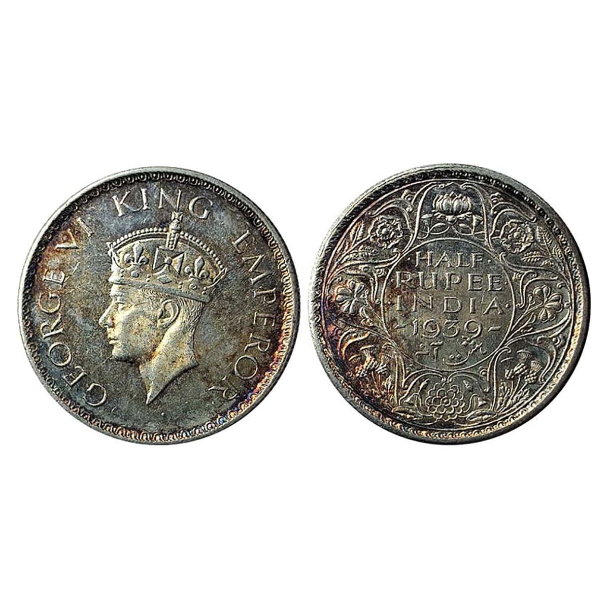George VI, ½ Rupee, Silver, 1939, Mature Head, No Mint Mark, Calcutta Mint. BUNC with toni