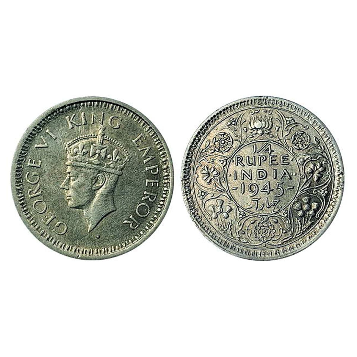 George VI, ¼ Rupee, Silver, 1945, Large 5, Dot Mint Mark, Bombay Mint. Extremely Fine+, Sc