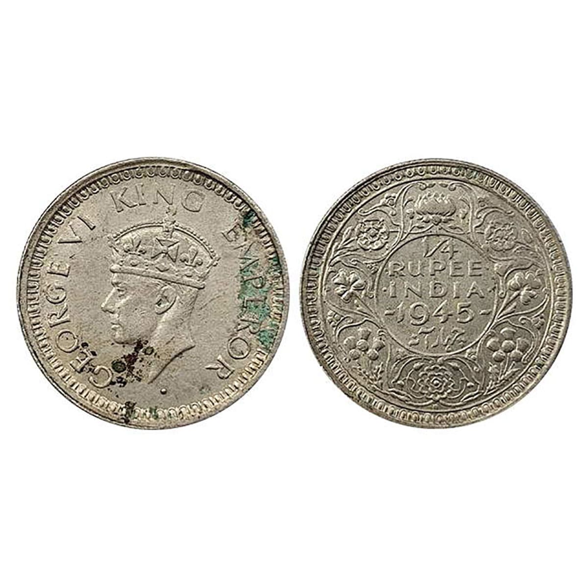 George VI, ¼ Rupee Error, Silver, 1945, Small 5, Dot Mint Mark, Bombay Mint with Die-axis 