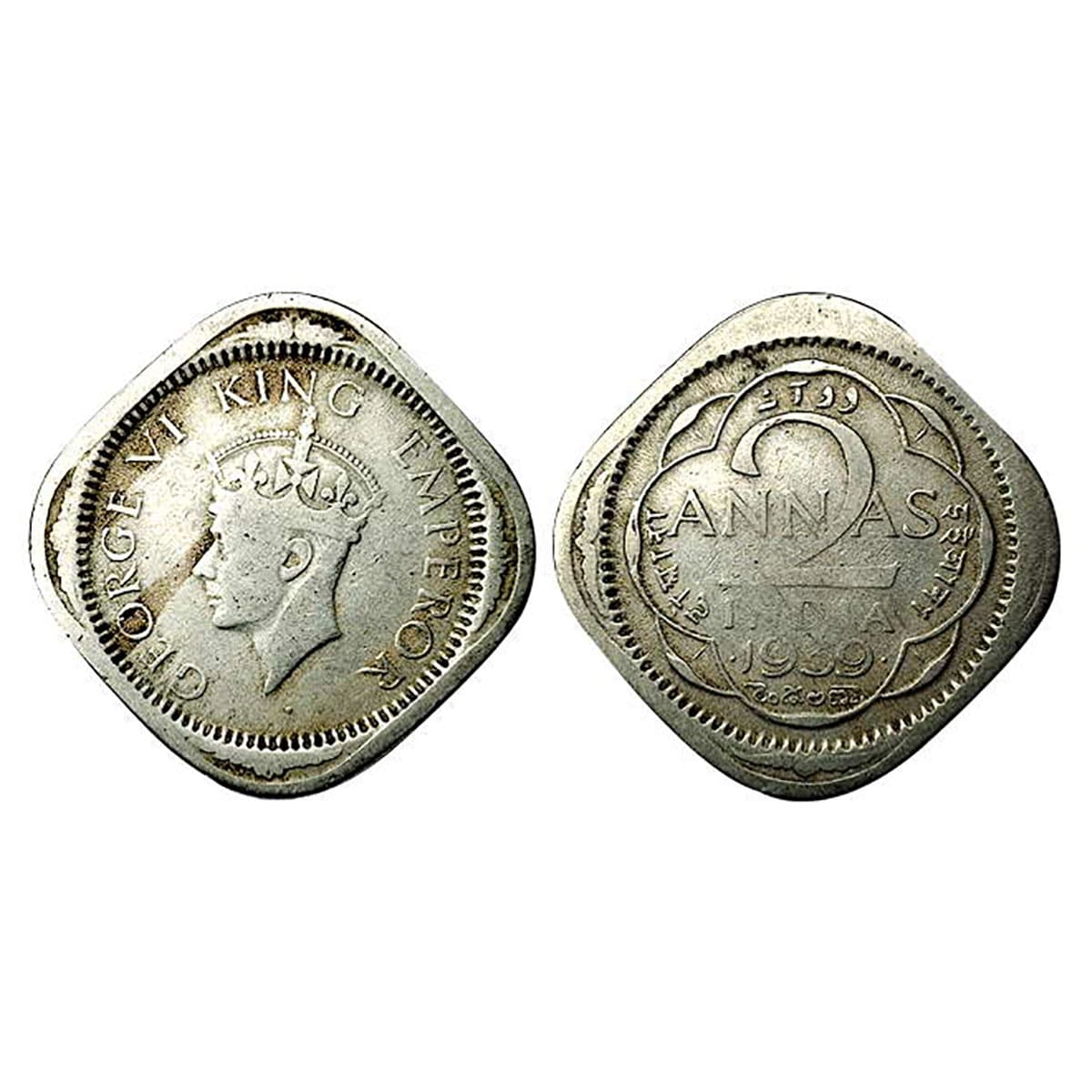 George VI, 2 Annas, 1939, Bombay Mint, Mature Head. Nickel-Brass. Very Fine, Scarce. ...