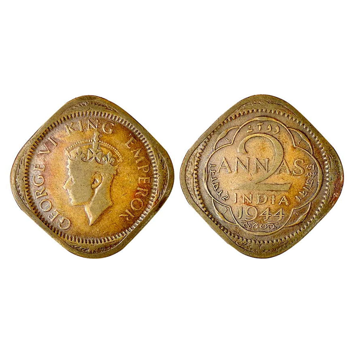 George VI, 2 Annas, 1944, Lahore Mint, L Mint Marks on reverse. Nickel-Brass, 5.79 g, Very