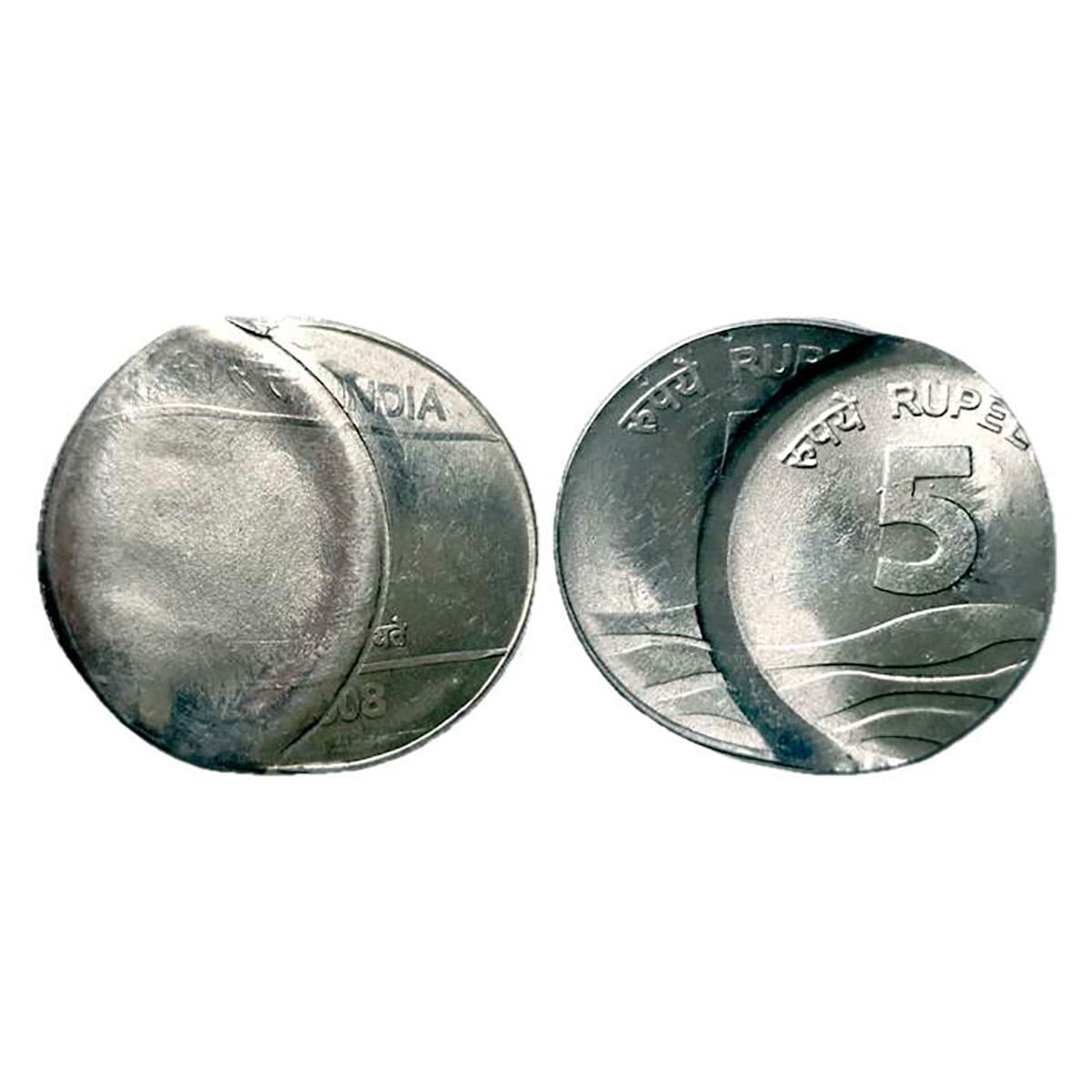 5 Rupees Error, Stainless Steel, 6.09 g, Waves Series, 2008, Hyderabad Mint. The coin is d