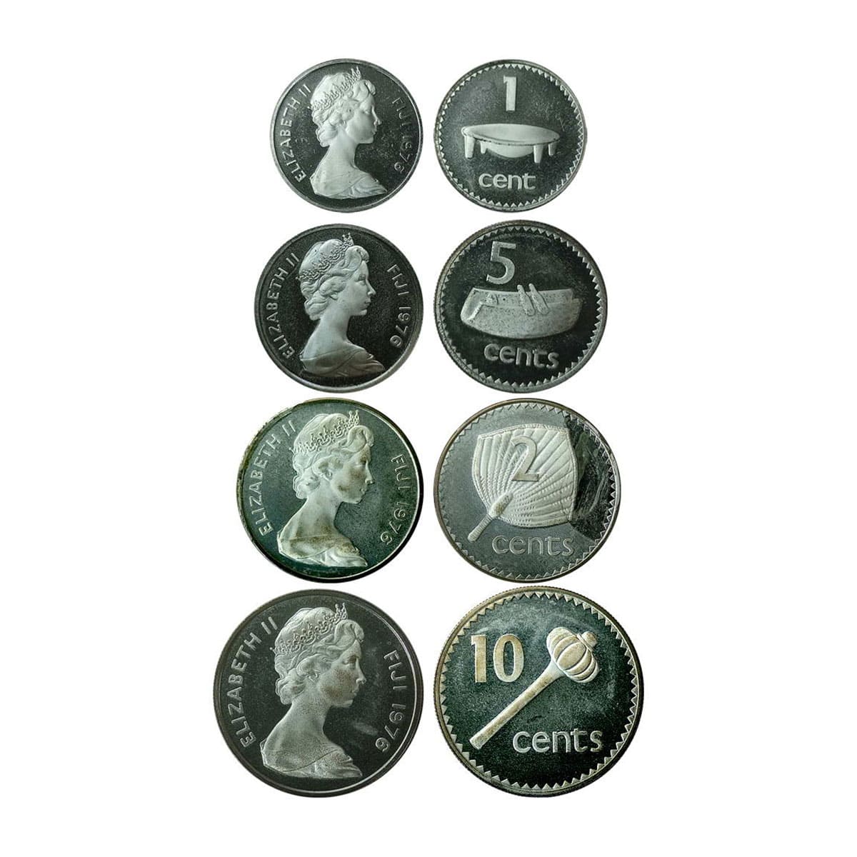 Fiji, Silver (4), Set of 4 denominations, 10 Cents, 5 Cents, 2 Cents and 1 Cent, Elizabeth