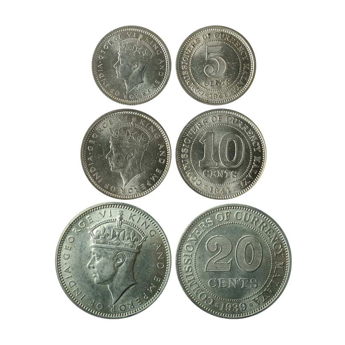 Malaya, Silver (3), Set of 3 denominations. 20 Cents, 10 Cents and 5 Cents. George VI, 193
