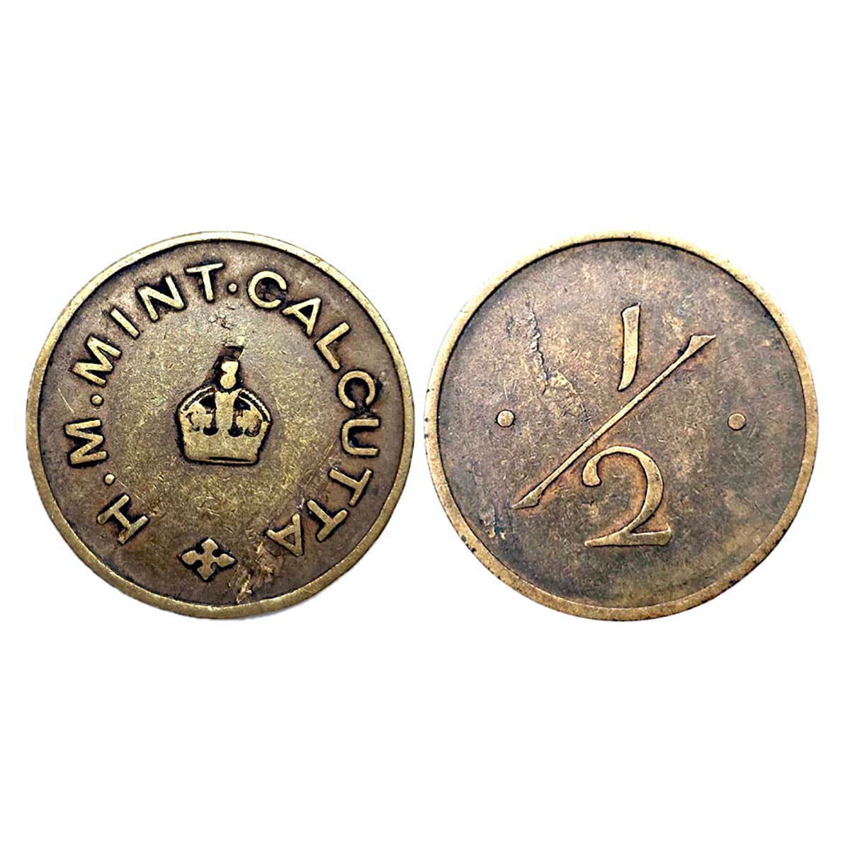 British Calcutta mint Token, Bronze, 2.63 g, British Crown in the centre and around H.M. M