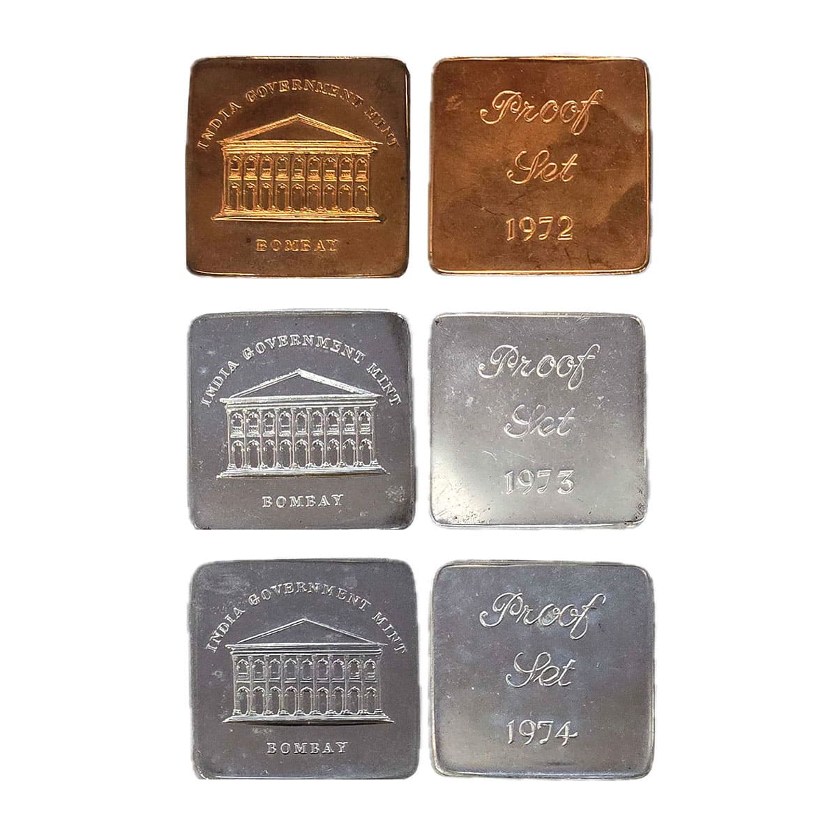 Bombay Mint Proof Set Tokens, Copper and Aluminum (2), classic building of the Bombay mint