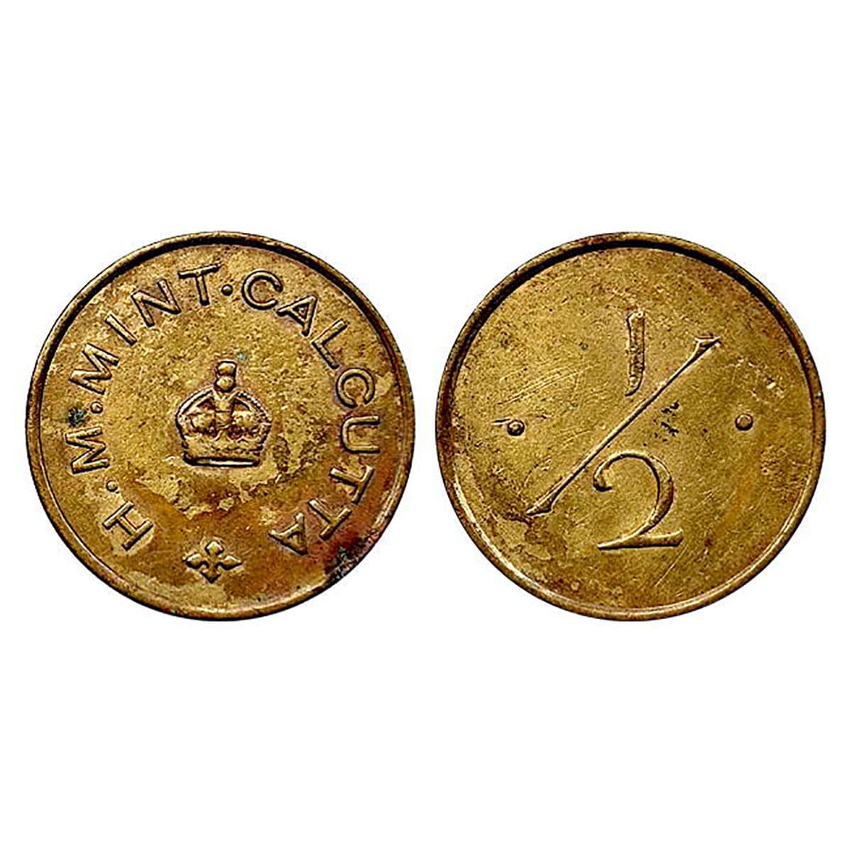 H.M. Mint, Calcutta Canteen Token ½ (Anna), Copper. Royal Crown in the centre and H.M. Min