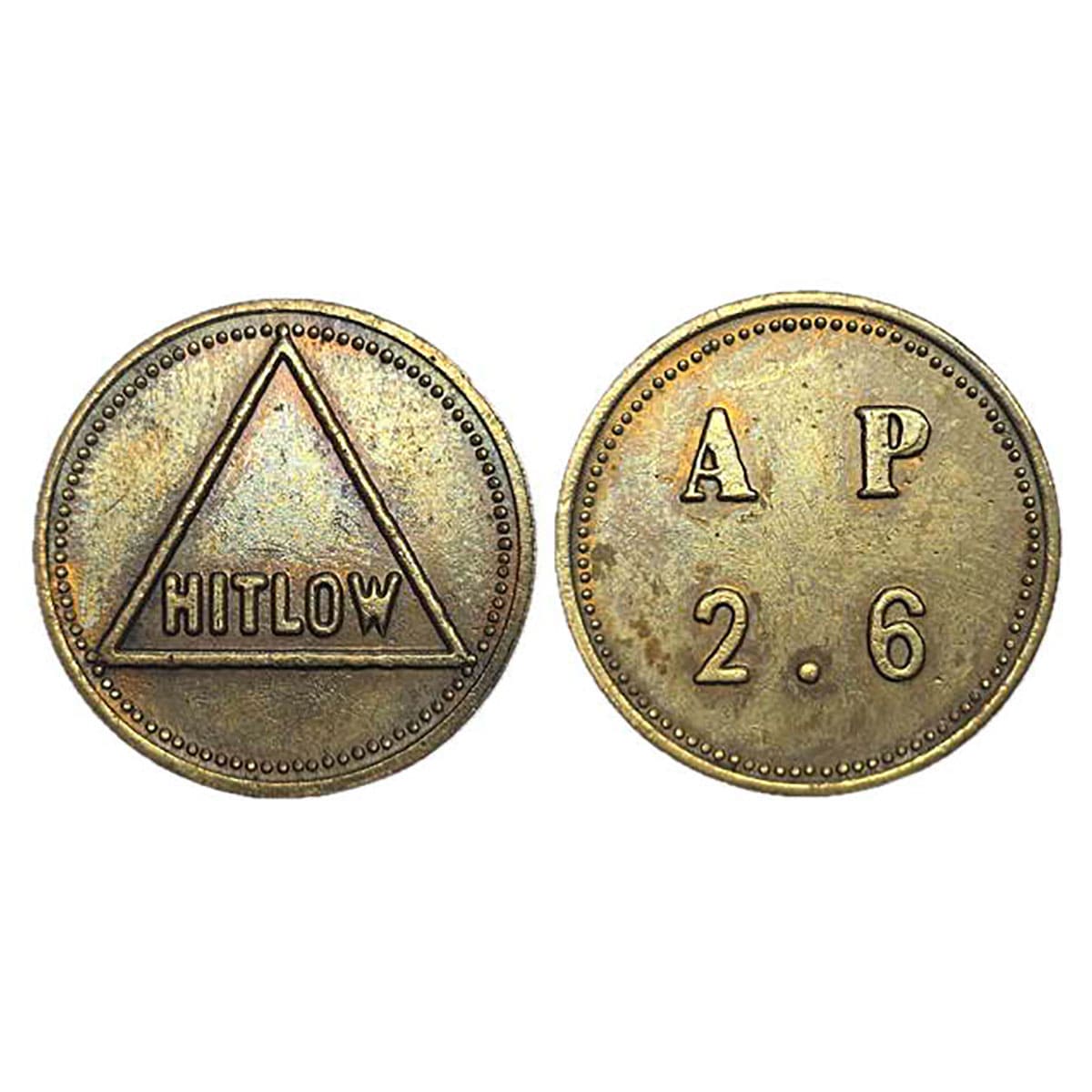 Hitlow Tea Token, Copper, 5.85 g, HITLOW in a triangle on obverse. Initials A. P. / 2. 6 o