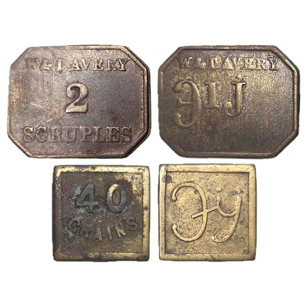 Weight Tokens of W & T Avery Ltd., England, Copper (2), 2.57 g and 2.45 g, initials J Y on