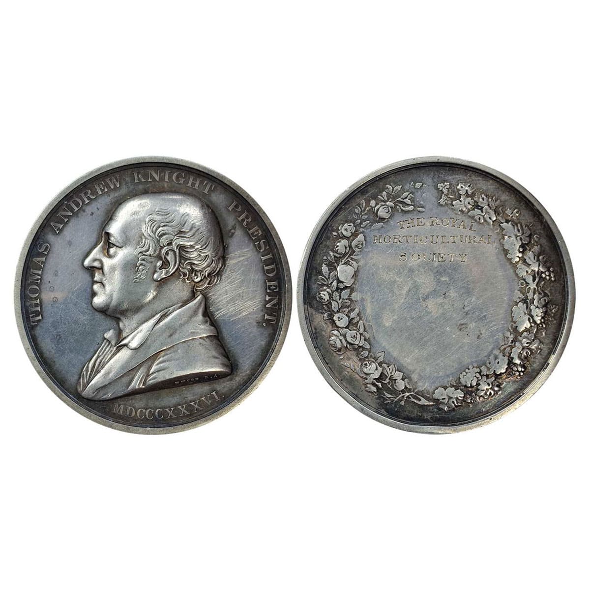 Royal Horticulture Medal, Silver, 58.21 g, portrait of Thomas Andrew Knight President on o
