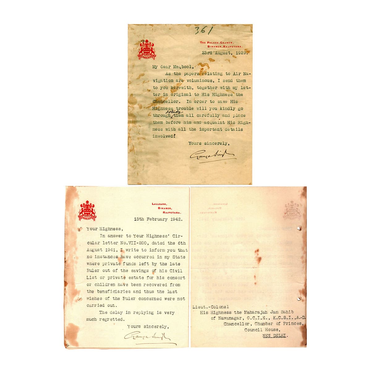Autographs of Maharaj Ganga Singh of Bikaner State, Paper (2), dated 23 August 1929, and 1