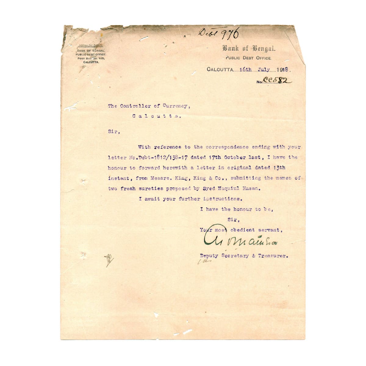 Paper, Letter of Bank of Bengal, dated 16 July 1918, witten by the Deputy Secretary and Tr