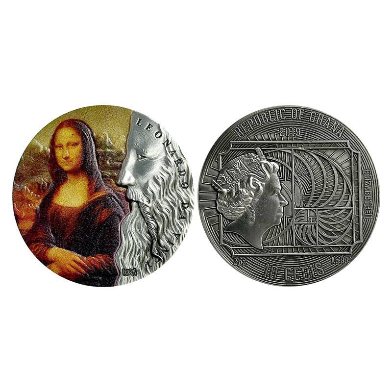 Ghana, 10 Cedis, 2019, 39g. Silverered Copper, Mona Lisa. Large coin, UNC. Rare...