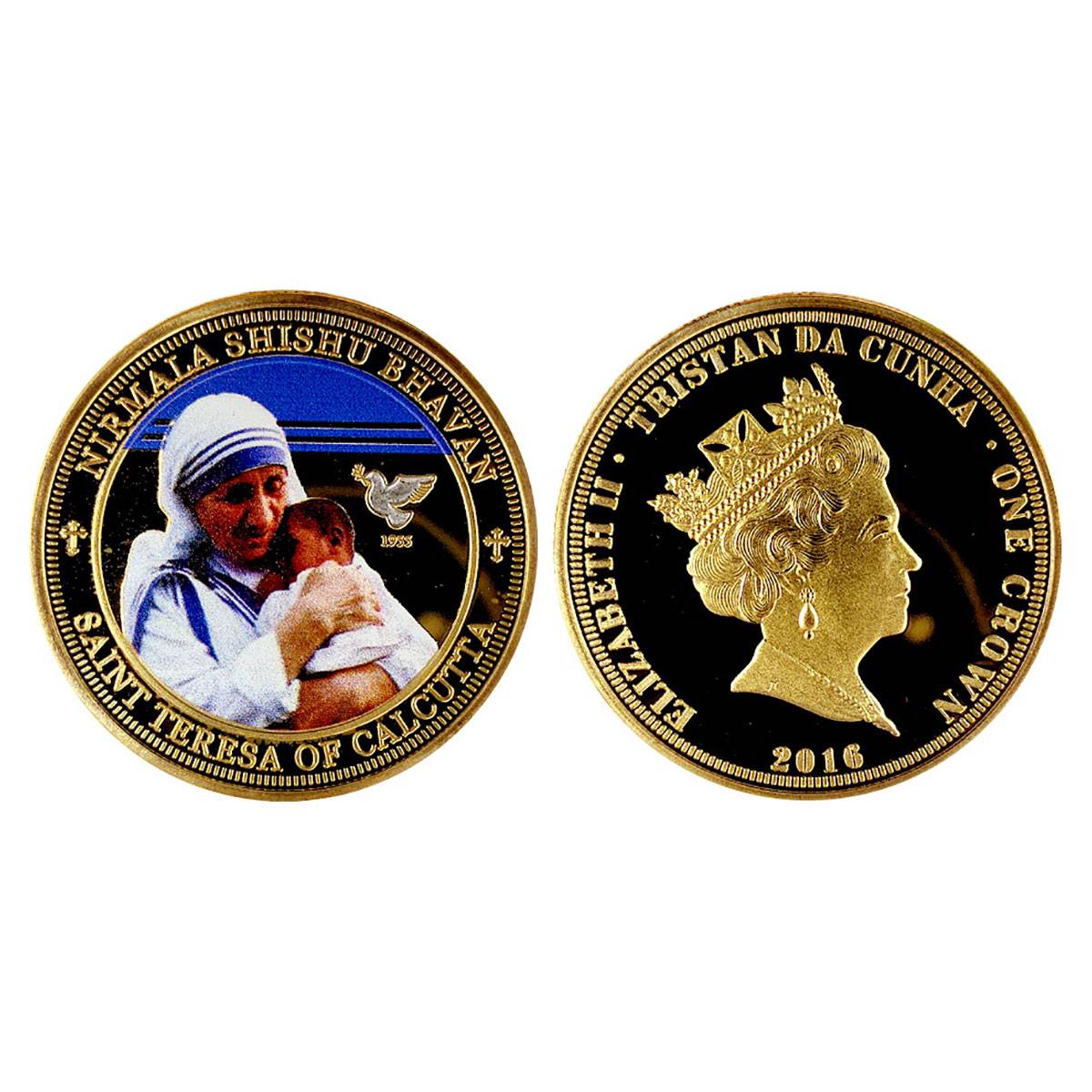 Tristan Da Cunah, 1 Crown, 2016, 26.8g. Gold plated on Copper and enamel, Mother Teresa. P