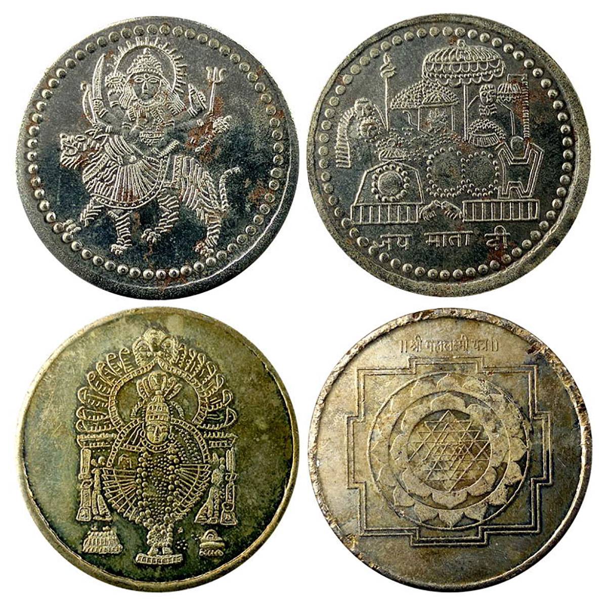 Old tokens of Mata Vaishno Devi and the Kolhapur Mahalaxmi, 8gms each, silvered copper, EF