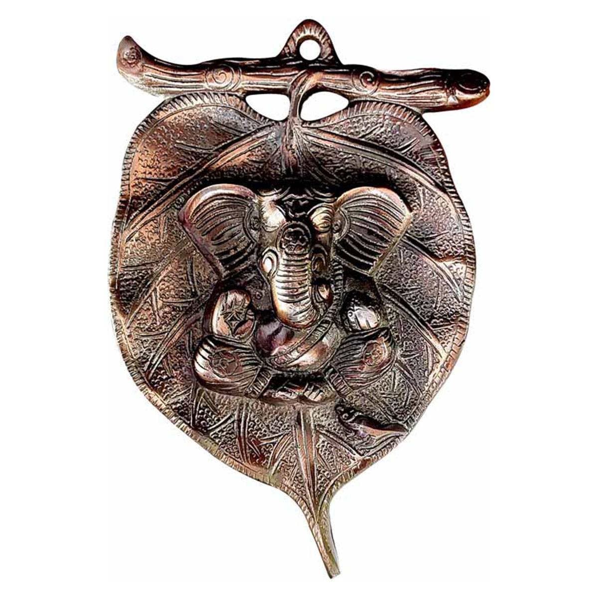 Ganesha, Large copper medal in the shape of a pippal leaf, obv, Ganesha seated, rev, blank