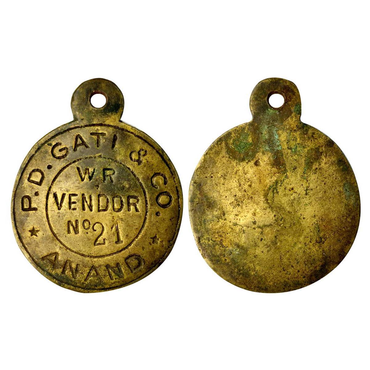 Indian Railway, Western Railway (W.R.) Bronze Pass, 26 g, Vendor Pass Obv: Legend “P.D. GA