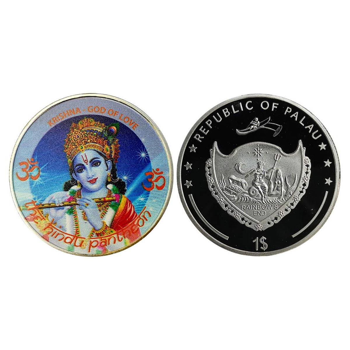 Palau, 1 dollar, Silvered Copper. 25.8g.. Colour coin. Obv. Krishna playing the flute and 