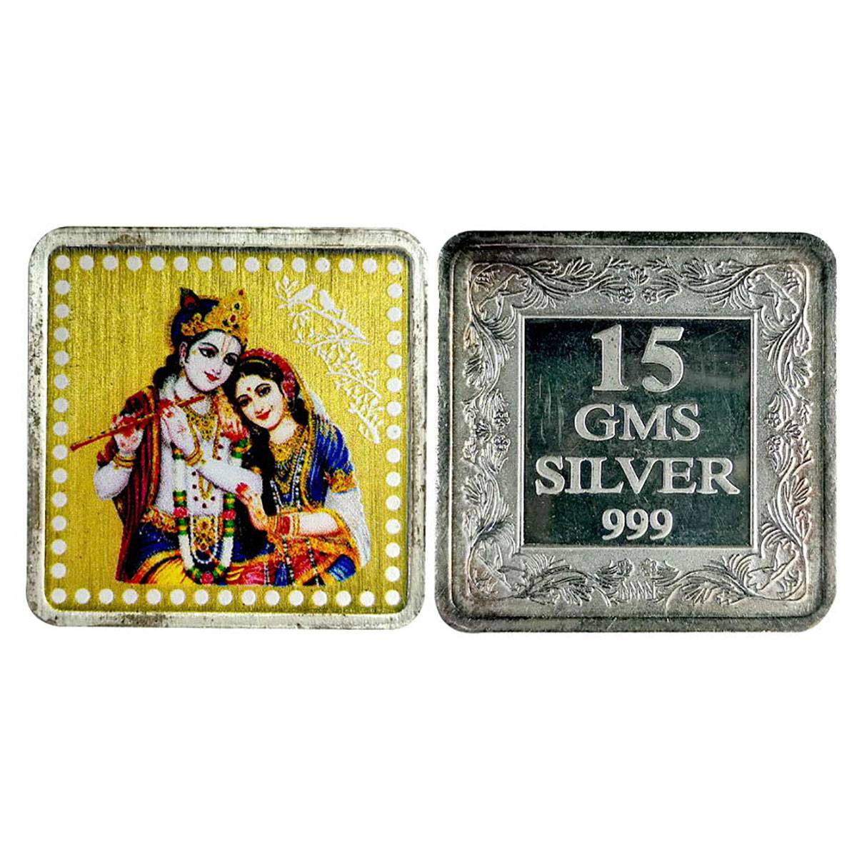 Radha Krishna, silver and Colour bar, 15 g. Obv. Radha Krishna playing flute Rev. Weight a