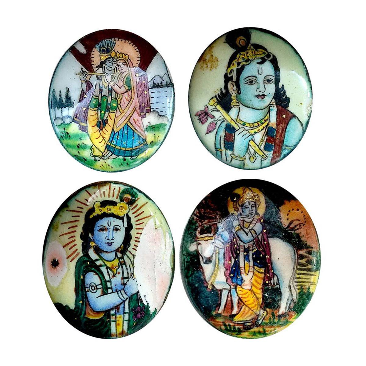 Krishna, 4 different Tokens, Silver and Enamel, Old 1960s, 5 to 6 g. each. Obv. Krishna, r