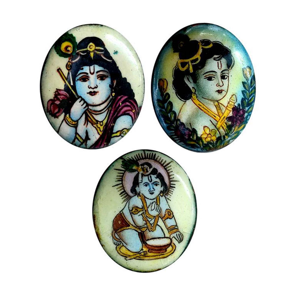 Krishna, 3 different Tokens, Copper and Enamel, Old 1960s,3 to 4 g. each. Obv. Krishna, re