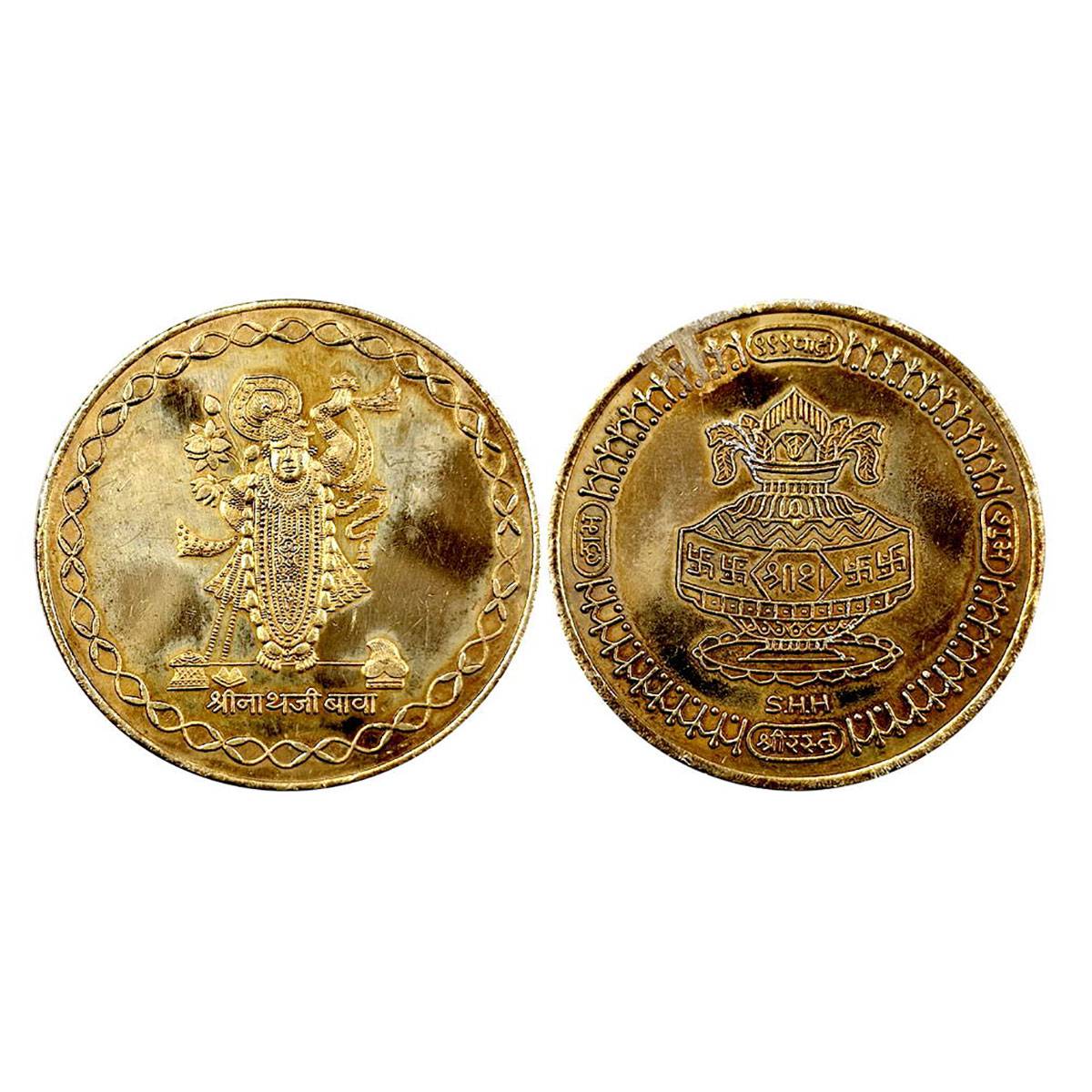 Indian Mint SHH, 20 g. Gold gilt on silver, Obv. Srinath ji, rev. Kalash and Swastika. UNC