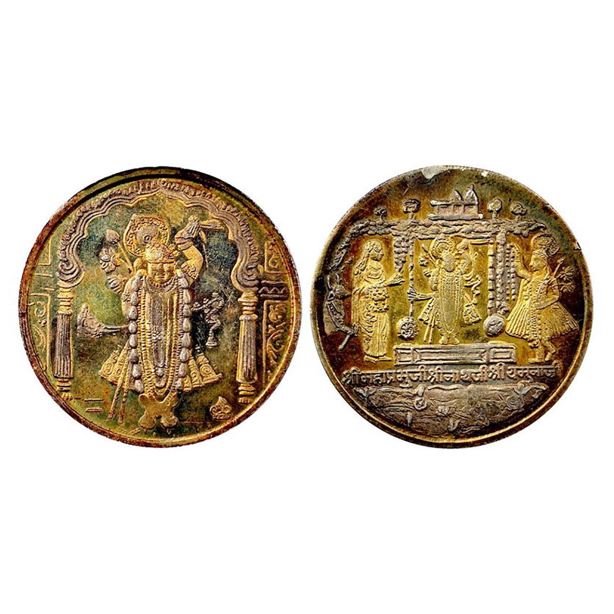 Indian Mint, 10 g. Gold gilt on silver, Obv. Srinath ji, within a Torana, rev. Srinath ji 