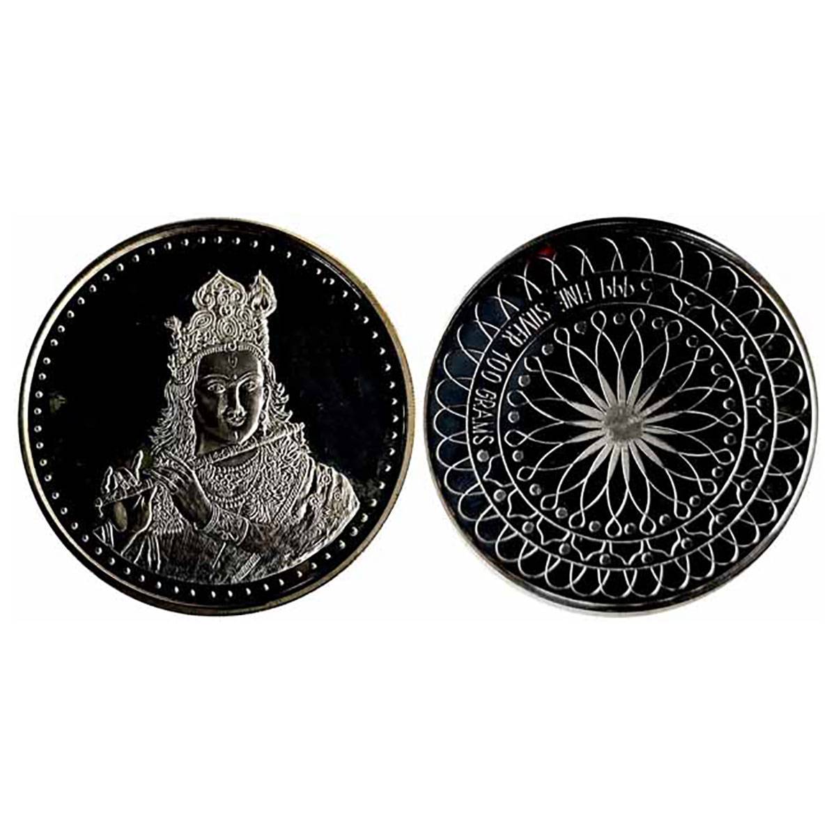 USA Mint, 100 g. Silver, Proof, Obv. Krishna playing the flute and “NYGC”mark at 4 o clock